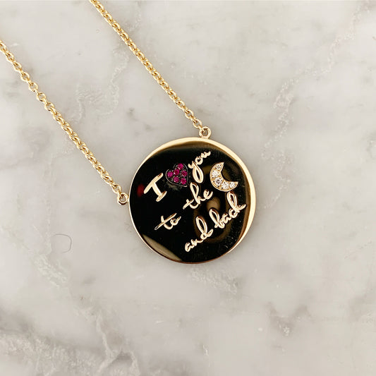 Engraved Diamond and Ruby Disc Necklace